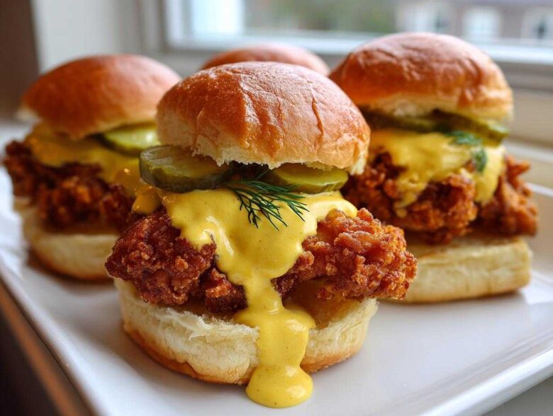 Three Crispy Chicken Sliders topped with thick honey mustard sauce and pickles, ready to eat.