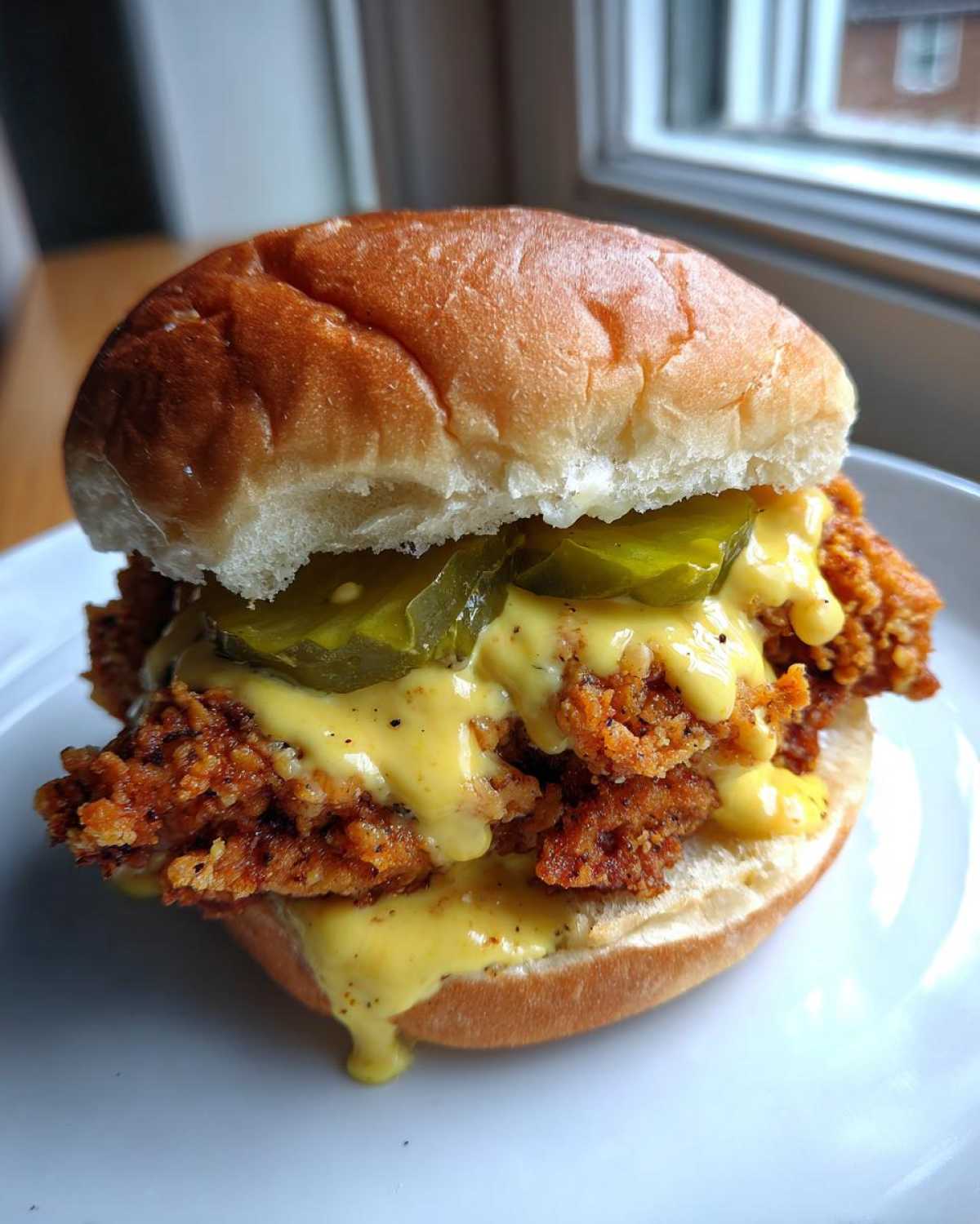 A close-up of a Crispy Chicken Slider featuring a thick piece of fried chicken, dripping honey mustard sauce, and topped with pickle slices on a soft bun.