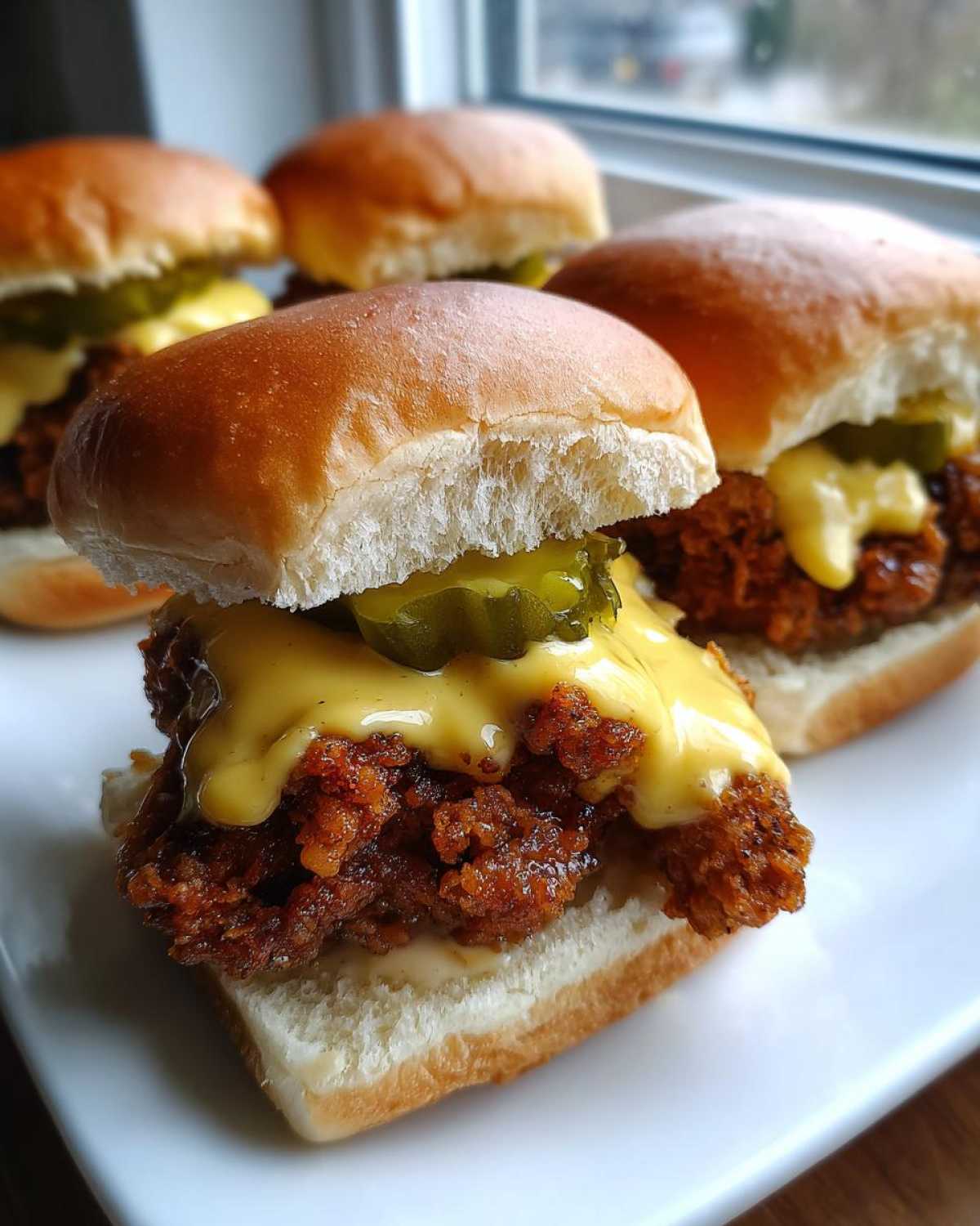 Close-up of one of the Crispy Chicken Sliders featuring a thick piece of fried chicken, dripping honey mustard sauce, and topped with pickle slices on a soft bun.