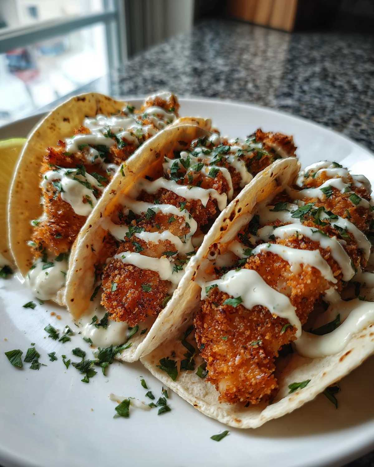 Three Crispy Chicken Tacos generously drizzled with white sauce and topped with chopped cilantro.