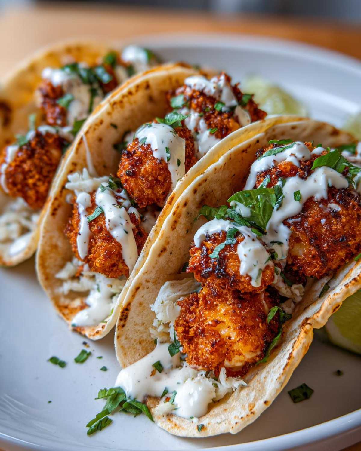 Three Crispy Chicken Tacos filled with fried chicken pieces, slaw, and drizzled with Garlic Lime Sauce.