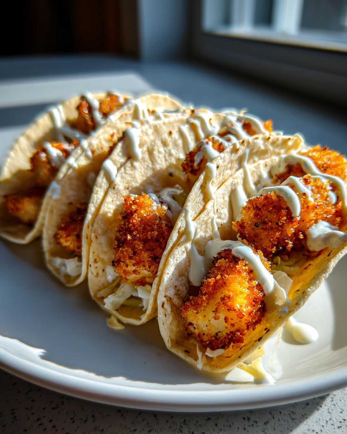 Four Crispy Chicken Tacos lined up on a white plate, topped with a creamy garlic lime sauce drizzle.