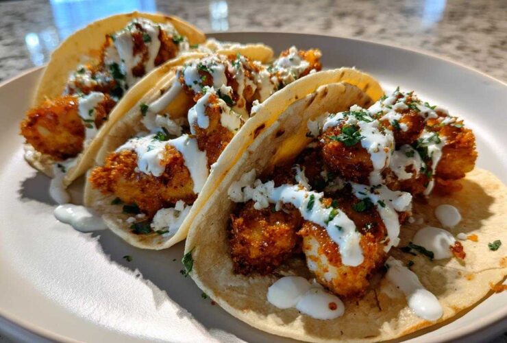 Three Crispy Chicken Tacos with Garlic Lime Sauce drizzled over breaded chicken pieces and topped with cilantro.