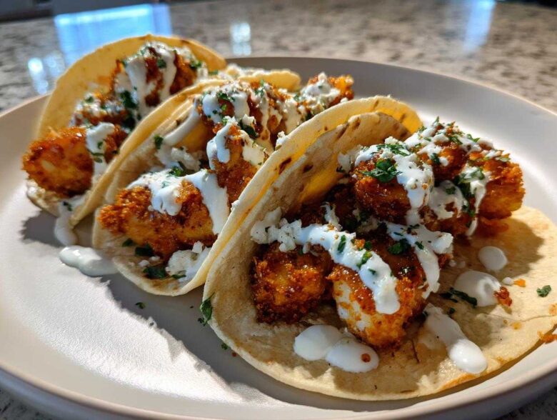 Three Crispy Chicken Tacos with Garlic Lime Sauce drizzled over breaded chicken pieces and topped with cilantro.