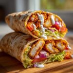 Two halves of a Crispy Chicken Wrap stacked, showing crispy chicken, lettuce, tomato, onion, and garlic yogurt sauce.