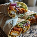 Three halves of a Crispy Chicken Wrap with Garlic Yogurt Sauce, showing crispy chicken, lettuce, tomato, and red onion.