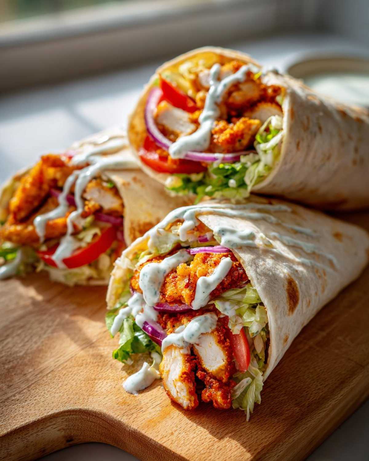 Three delicious Crispy Chicken Wraps stuffed with lettuce, tomato, onion, and drizzled with garlic yogurt sauce.