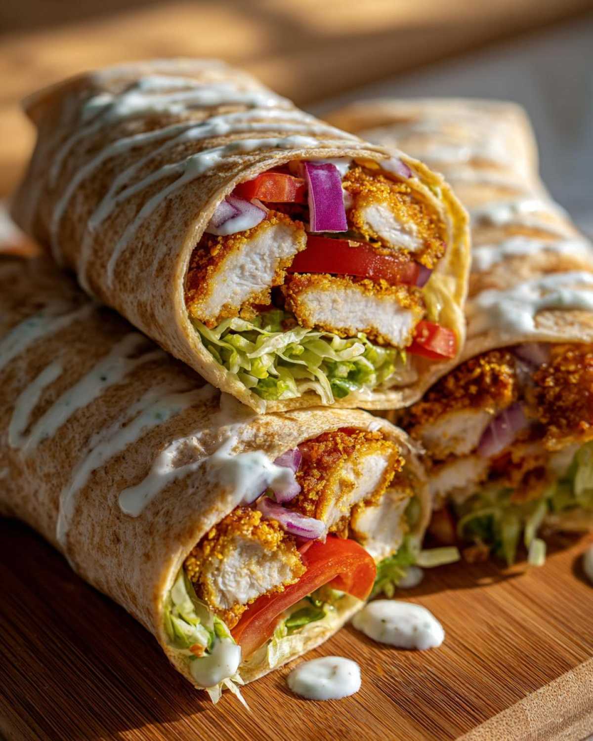 Three stacked Crispy Chicken Wrap with Garlic Yogurt Sauce halves showing crunchy chicken, lettuce, tomato, and red onion.