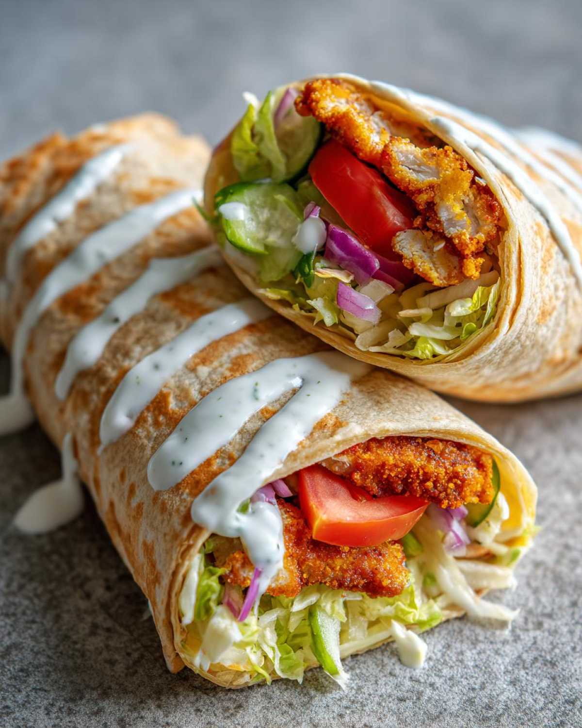 Two halves of a Crispy Chicken Wrap with Garlic Yogurt Sauce, showing crispy chicken, lettuce, tomato, and red onion.