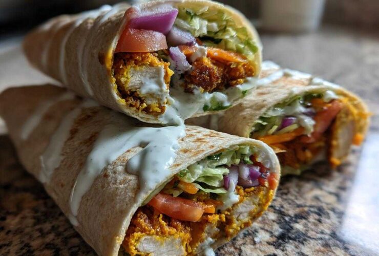 Three halves of a Crispy Chicken Wrap with Garlic Yogurt Sauce, showing crispy chicken, lettuce, tomato, and red onion.