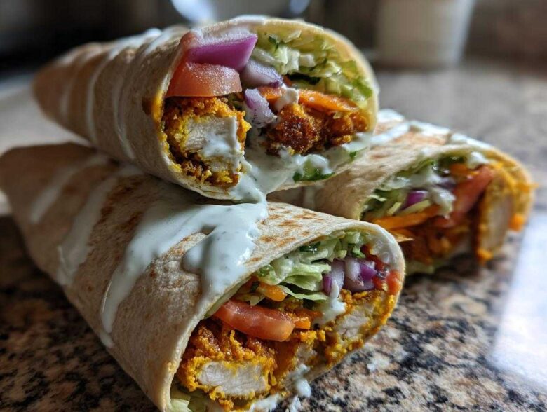 Three halves of a Crispy Chicken Wrap with Garlic Yogurt Sauce, showing crispy chicken, lettuce, tomato, and red onion.