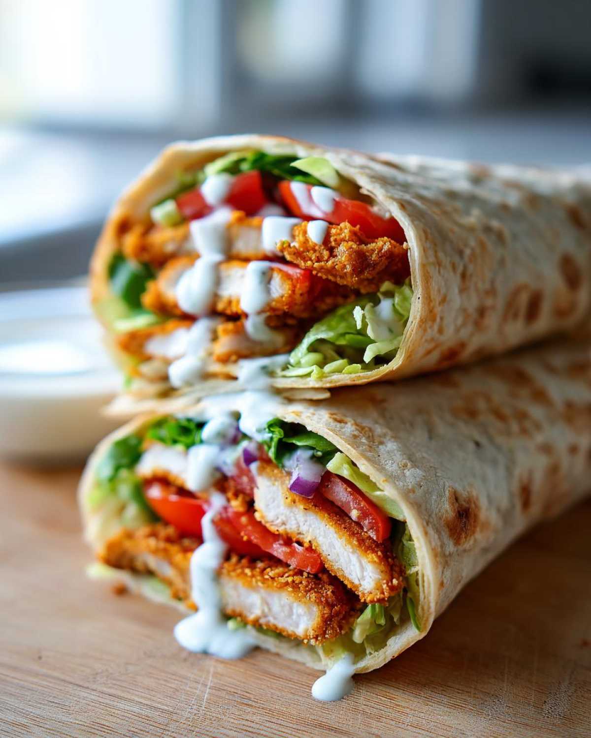 Two halves of a Crispy Chicken Wrap with Garlic Yogurt Sauce stacked on a wooden board, showing crispy chicken, lettuce, and tomatoes.