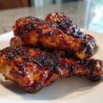 Close-up of several sticky, glazed Crispy Honey Garlic Chicken Drumsticks Oven Baked on a white plate.