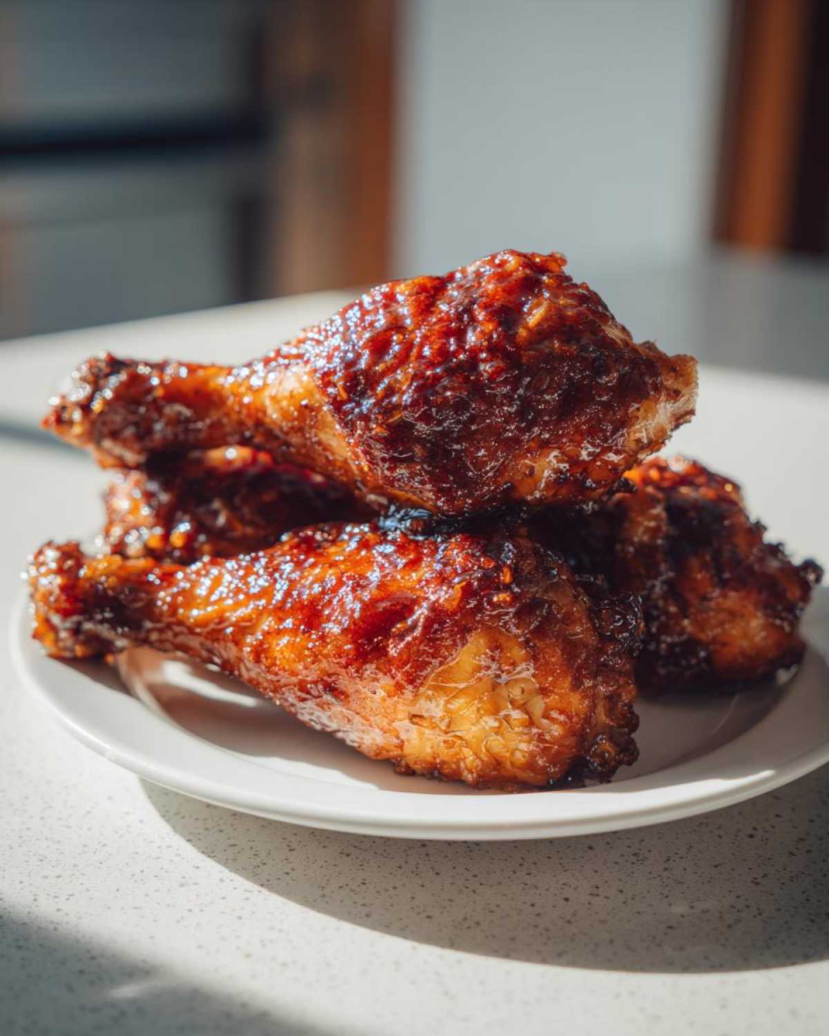 A stack of glossy, caramelized Crispy Honey Garlic Chicken Drumsticks Oven Baked piled on a white plate.