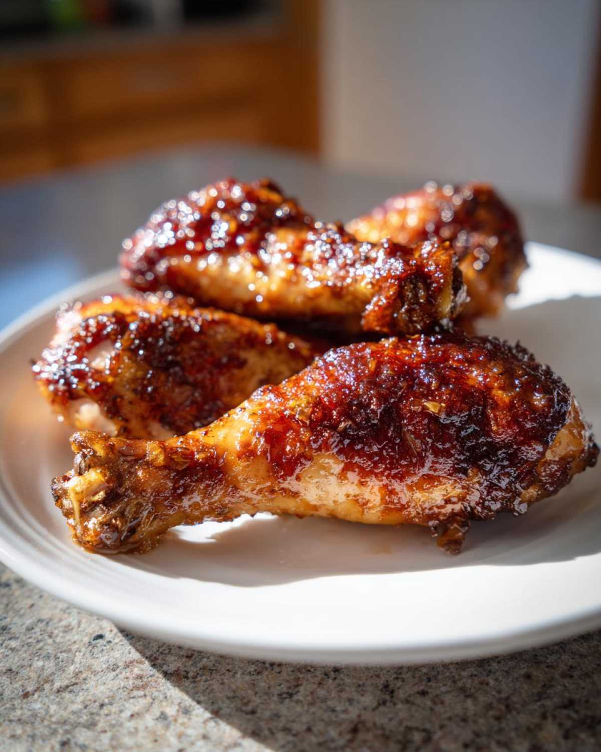 Close-up of three glossy, oven-baked Crispy Honey Garlic Chicken Drumsticks on a white plate.