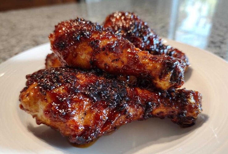 Close-up of several sticky, glazed Crispy Honey Garlic Chicken Drumsticks Oven Baked on a white plate.