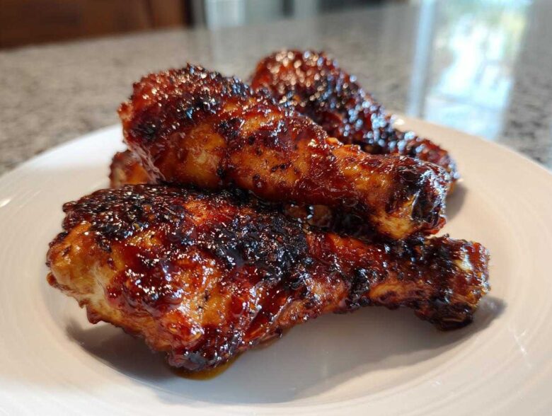 Close-up of several sticky, glazed Crispy Honey Garlic Chicken Drumsticks Oven Baked on a white plate.