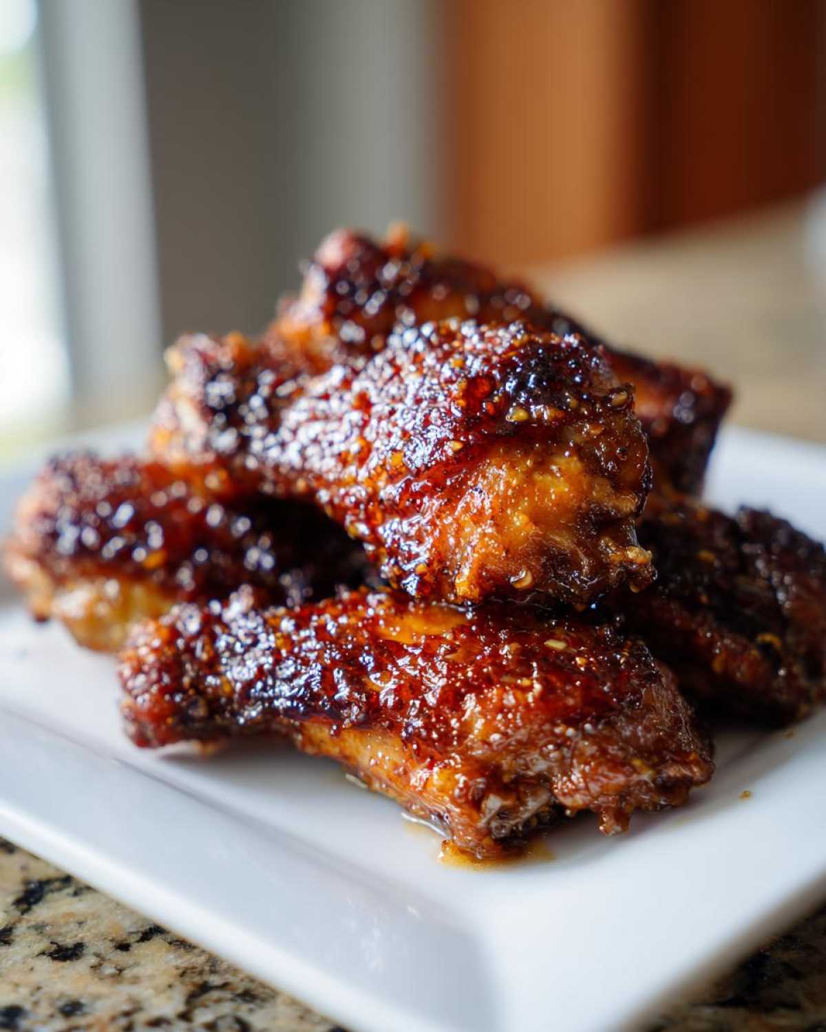 Close-up of glossy, glazed Crispy Honey Garlic Chicken Drumsticks Oven Baked piled on a white plate.