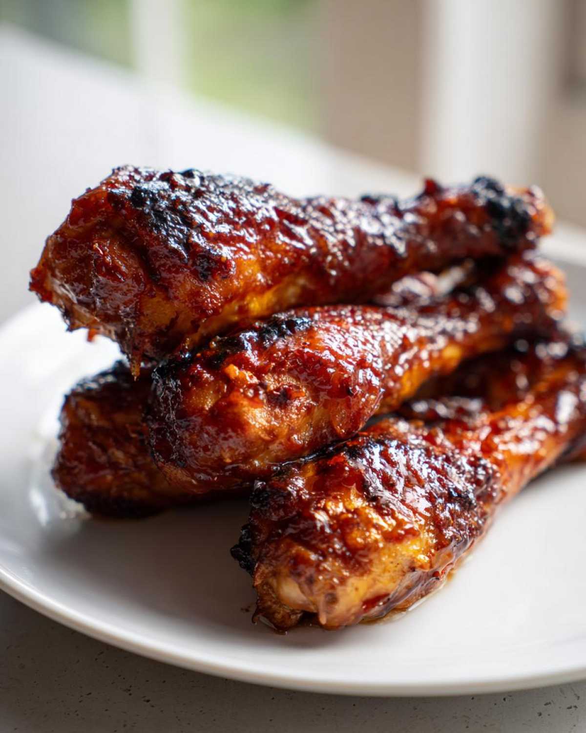 A stack of four glossy, caramelized Crispy Honey Garlic Chicken Drumsticks Oven Baked resting on a white plate.