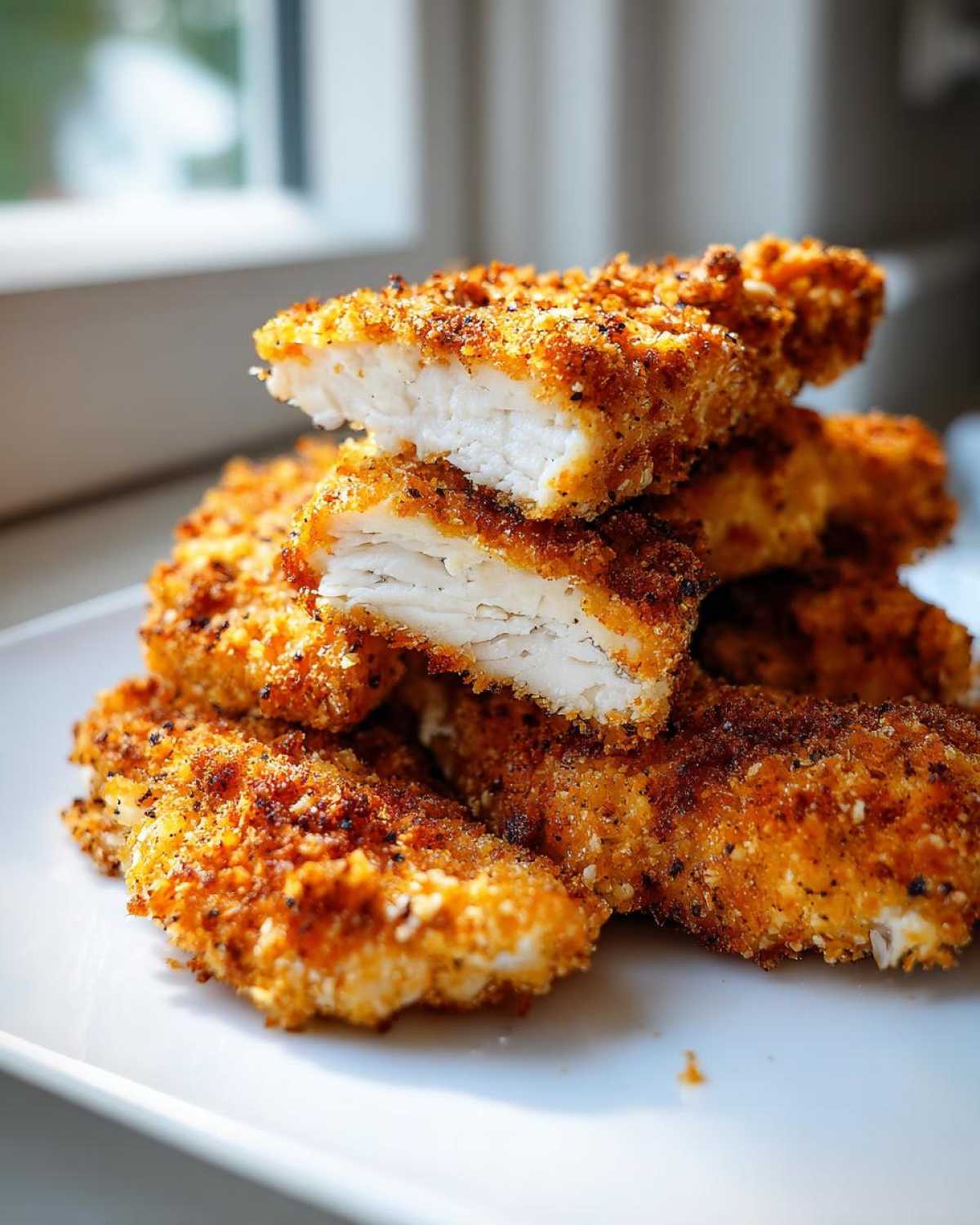 Close-up of Crispy Oven Baked Chicken Tenders Juicy, showing the golden crust and moist white interior.