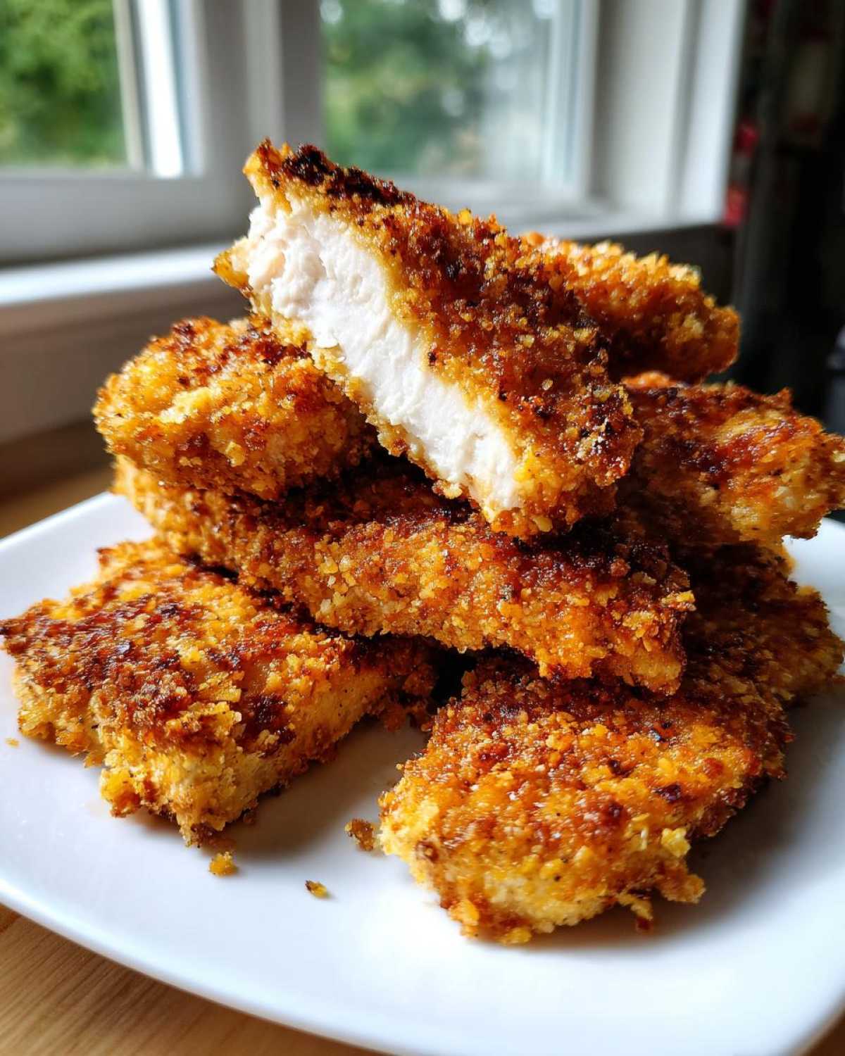 A stack of golden brown, crispy oven baked chicken tenders, with one piece broken open showing the juicy white interior.