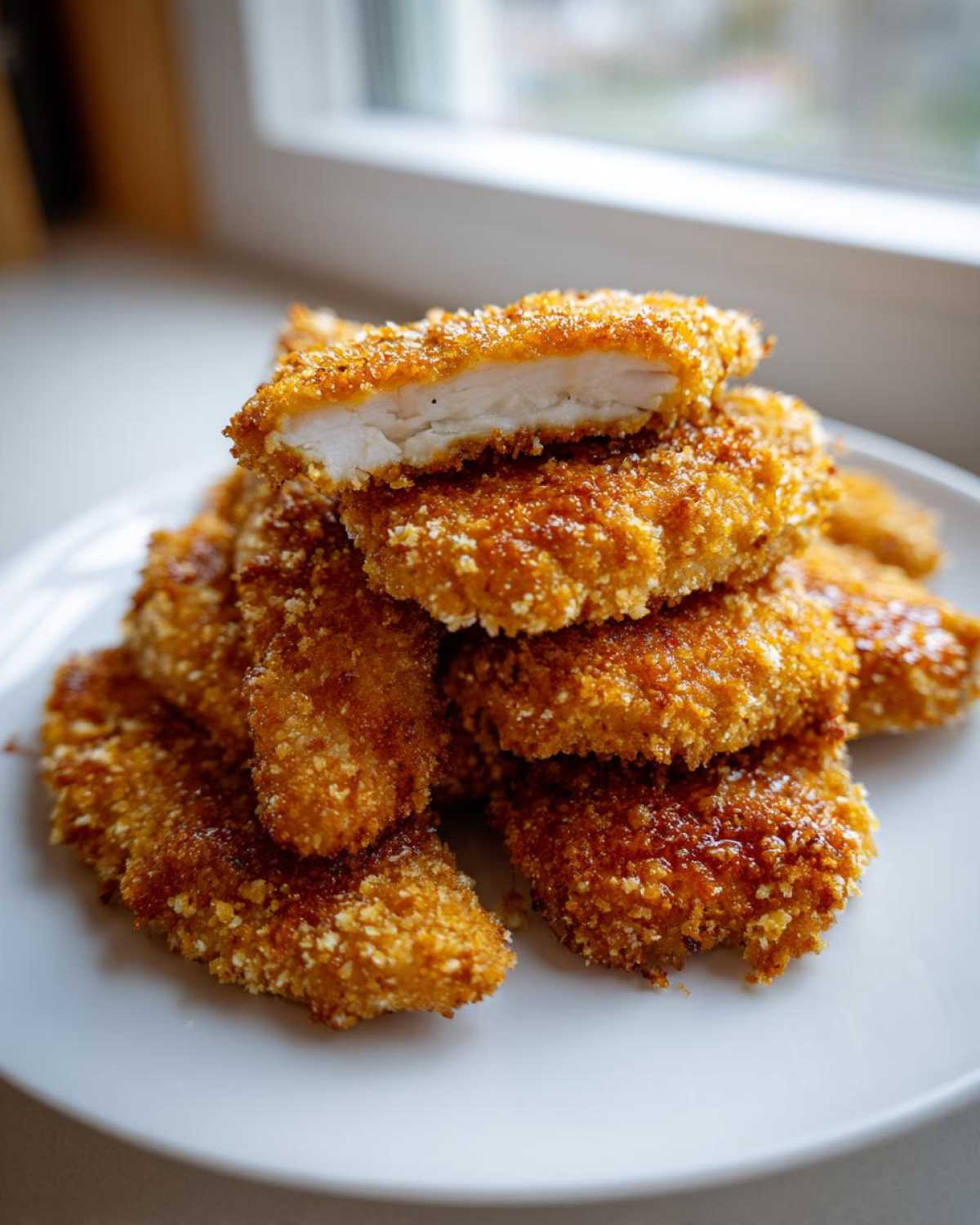 A stack of golden brown Crispy Oven Baked Chicken Tenders, one cut open to show the juicy white meat inside.