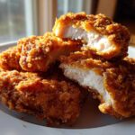 Close-up of Crispy Oven Baked Chicken Tenders, one piece cut open revealing moist, white meat.