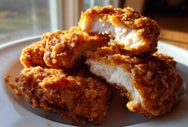 Close-up of Crispy Oven Baked Chicken Tenders, one piece cut open revealing moist, white meat.