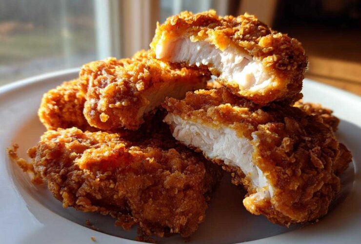 Close-up of Crispy Oven Baked Chicken Tenders, one piece cut open revealing moist, white meat.