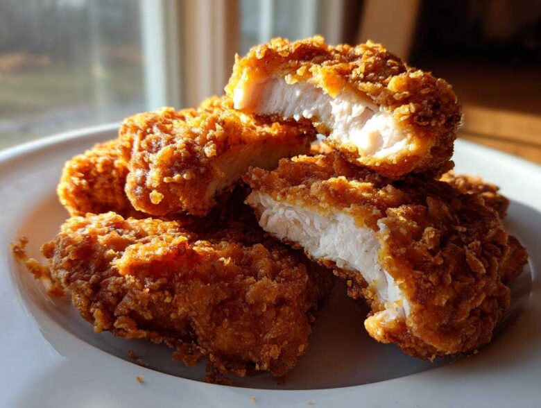Close-up of Crispy Oven Baked Chicken Tenders, one piece cut open revealing moist, white meat.