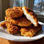 A stack of golden brown Crispy Oven Baked Chicken Tenders, one cut open showing the juicy white interior.