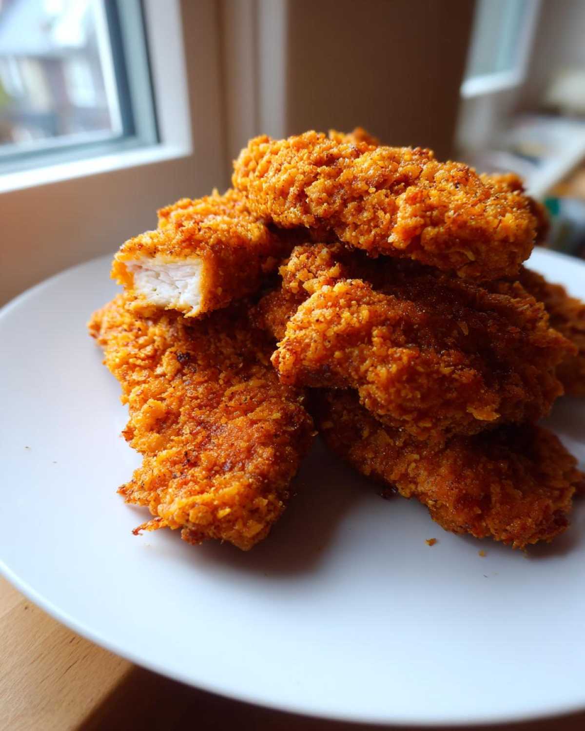 A stack of golden brown, crispy oven baked chicken tenders, one showing the juicy white meat inside.