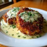 Two golden brown Crispy Parmesan Chicken Cutlets generously covered in a creamy white sauce and fresh parsley.
