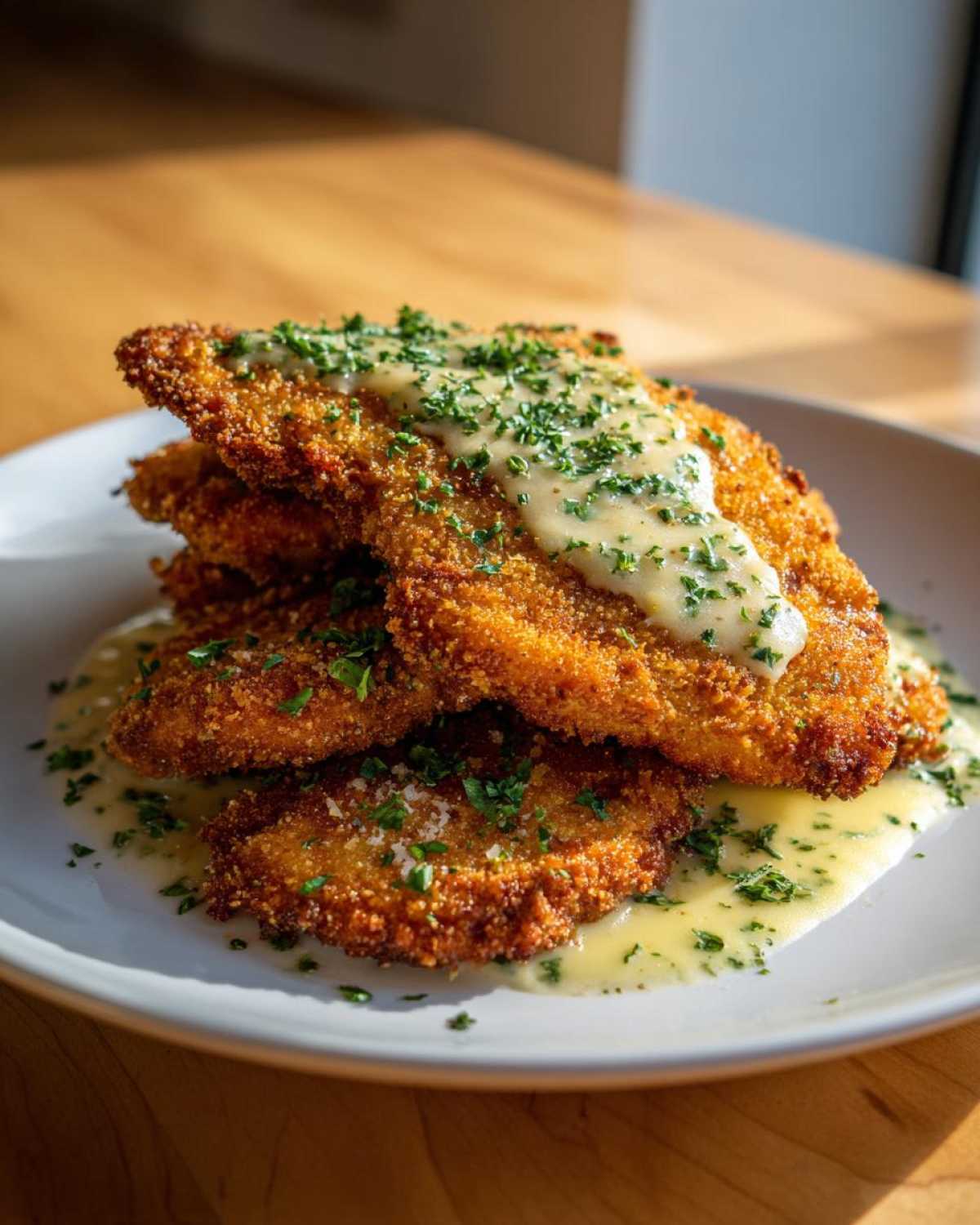 A stack of golden brown Crispy Parmesan Chicken Cutlets topped with a drizzle of creamy sauce and fresh parsley.