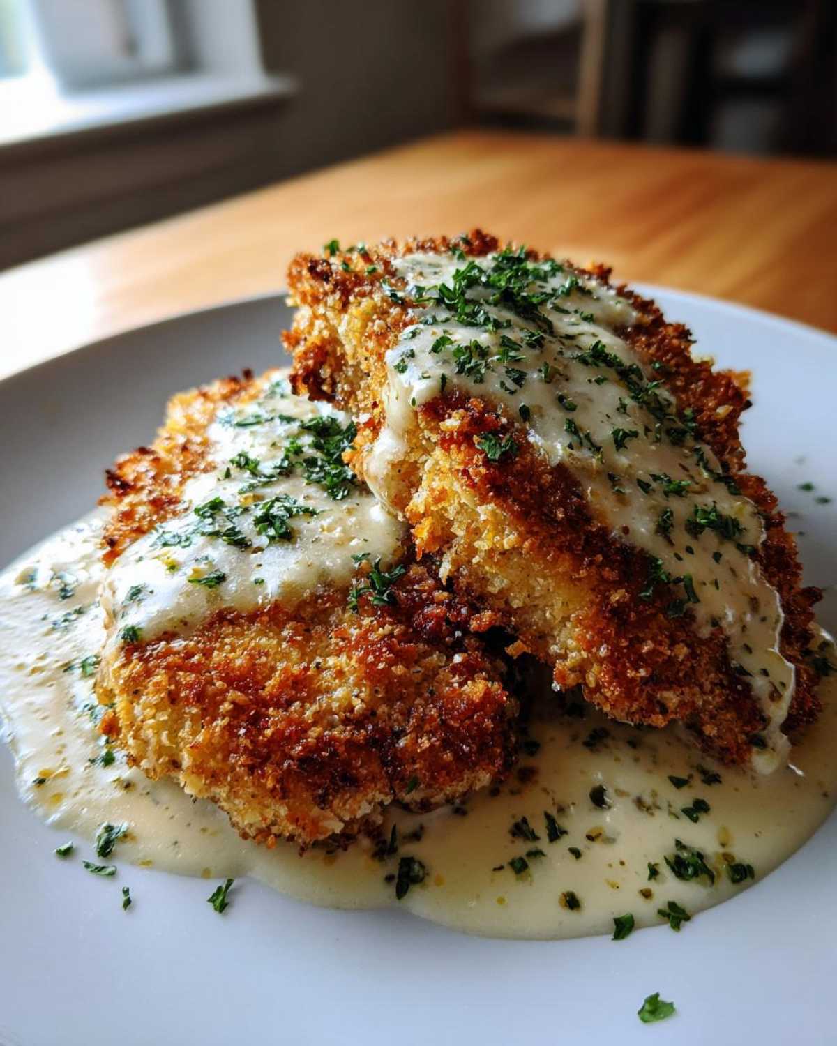 Two golden brown Crispy Parmesan Chicken Cutlets smothered in a creamy sauce and topped with fresh parsley.