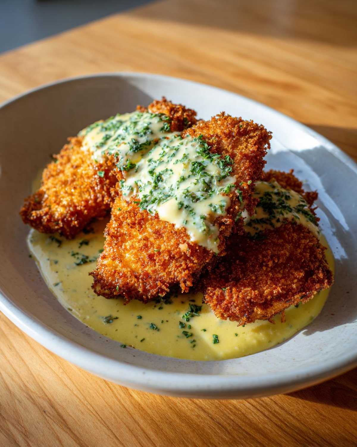 Two golden brown Crispy Parmesan Chicken Cutlets resting on a pool of creamy yellow sauce, topped with fresh herbs.