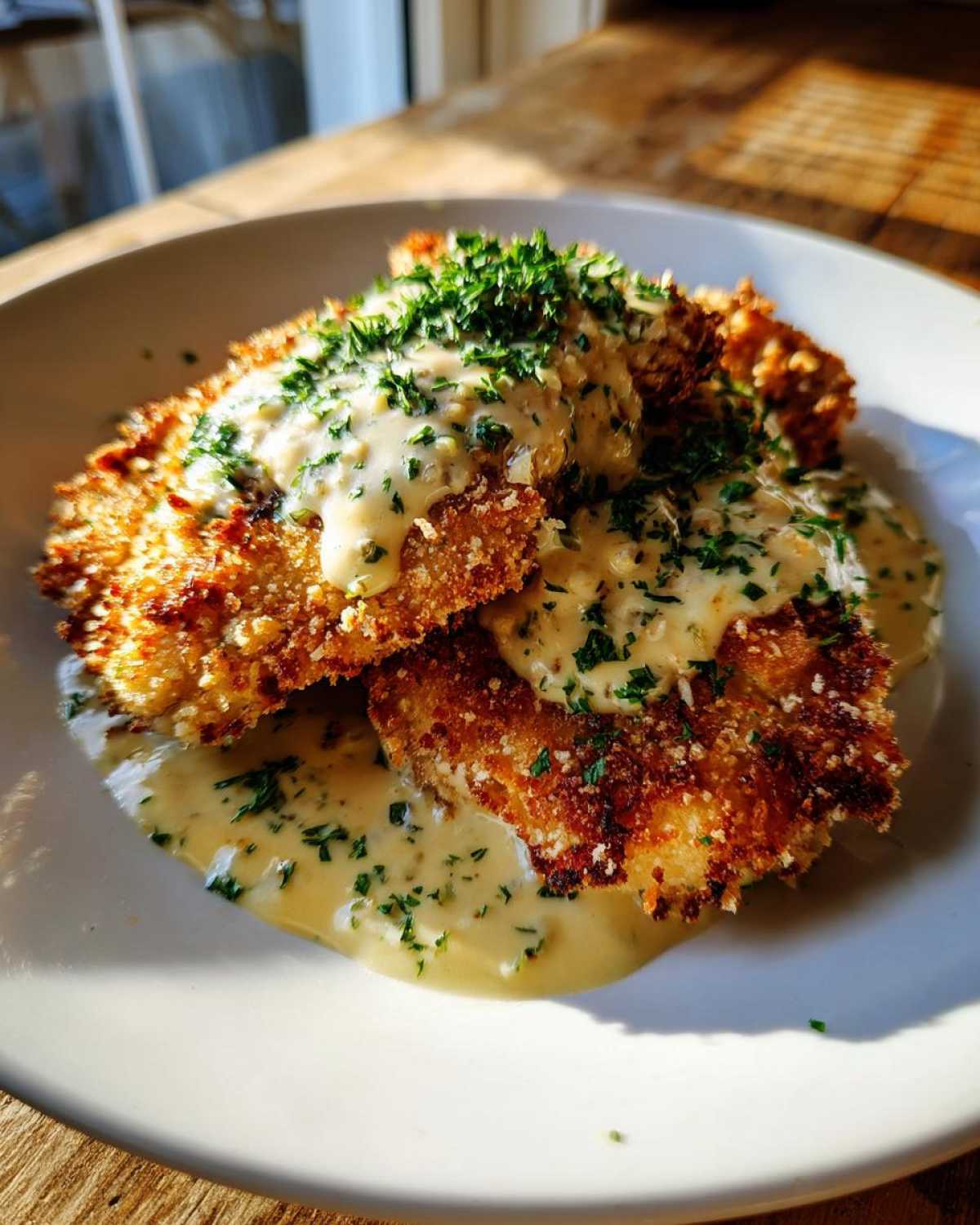 Two golden brown Crispy Parmesan Chicken Cutlets covered in a rich, creamy sauce and topped with fresh parsley.