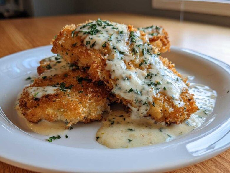 Two golden Crispy Parmesan Chicken Cutlets generously topped with a creamy sauce and fresh parsley.
