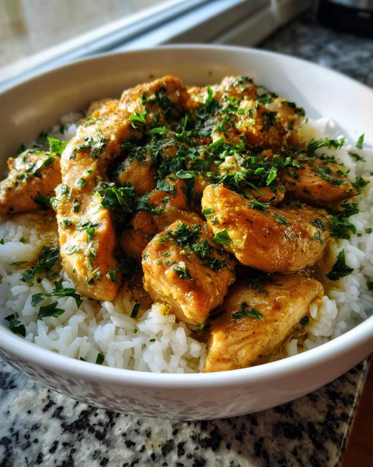 Close-up of a white bowl filled with white rice topped with golden Garlic Butter Chicken and Rice Dinner, garnished heavily with fresh parsley.