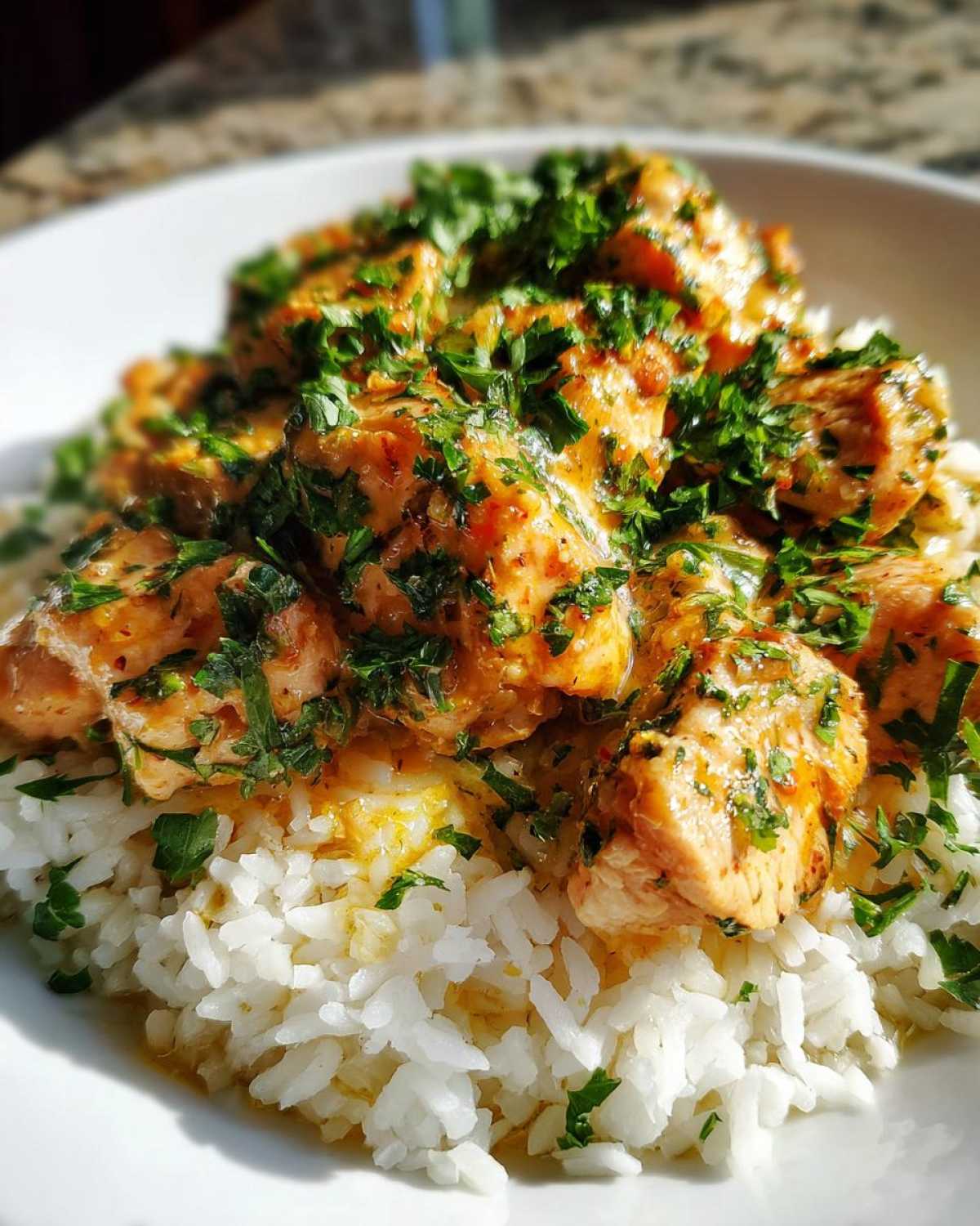 Close-up of Garlic Butter Chicken and Rice topped generously with fresh chopped parsley.
