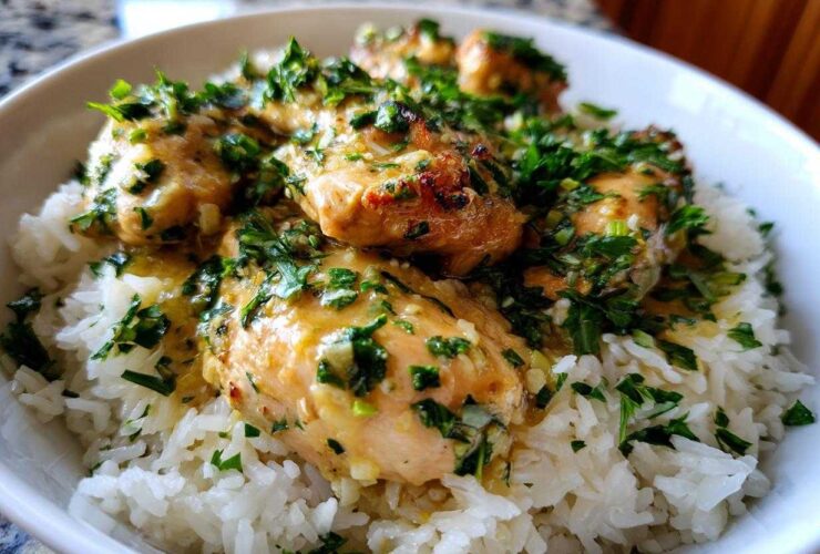 Close-up of Garlic Butter Chicken and Rice One Pot Dinner, featuring browned chicken pieces smothered in garlic butter sauce and fresh parsley over white rice.