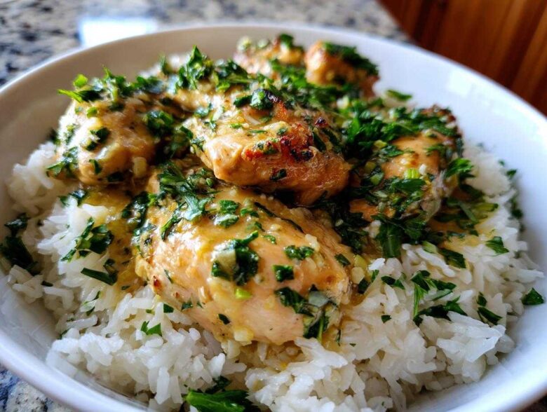 Close-up of Garlic Butter Chicken and Rice One Pot Dinner, featuring browned chicken pieces smothered in garlic butter sauce and fresh parsley over white rice.