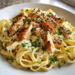 Close-up of Garlic Butter Chicken Pasta featuring grilled chicken slices over fettuccine noodles coated in a rich cream sauce.
