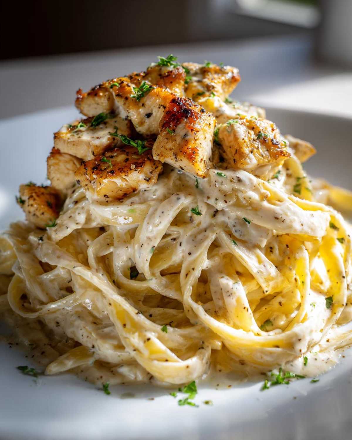 Close-up of creamy fettuccine pasta topped with seasoned, diced chicken pieces in Garlic Butter Chicken Pasta.