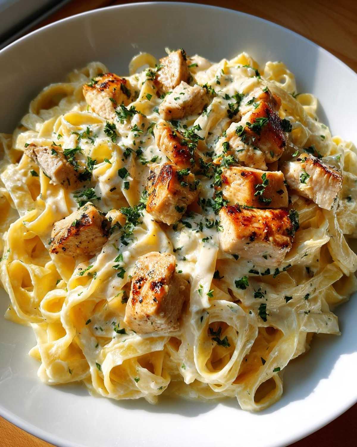 Close-up of Garlic Butter Chicken Pasta with chunks of grilled chicken in a rich cream sauce over fettuccine noodles.