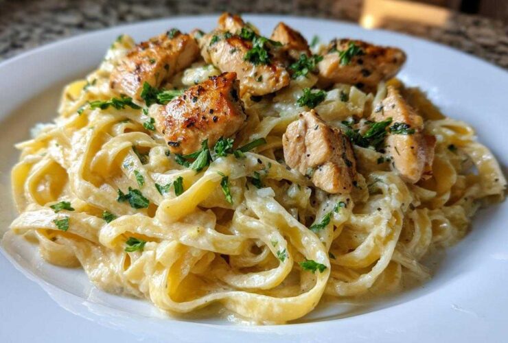 Close-up of a serving of Garlic Butter Chicken Pasta with Cream Sauce, topped with seasoned chicken pieces and fresh parsley.
