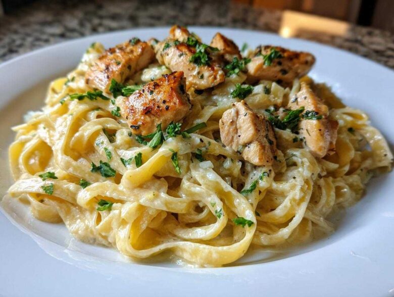 Close-up of a serving of Garlic Butter Chicken Pasta with Cream Sauce, topped with seasoned chicken pieces and fresh parsley.