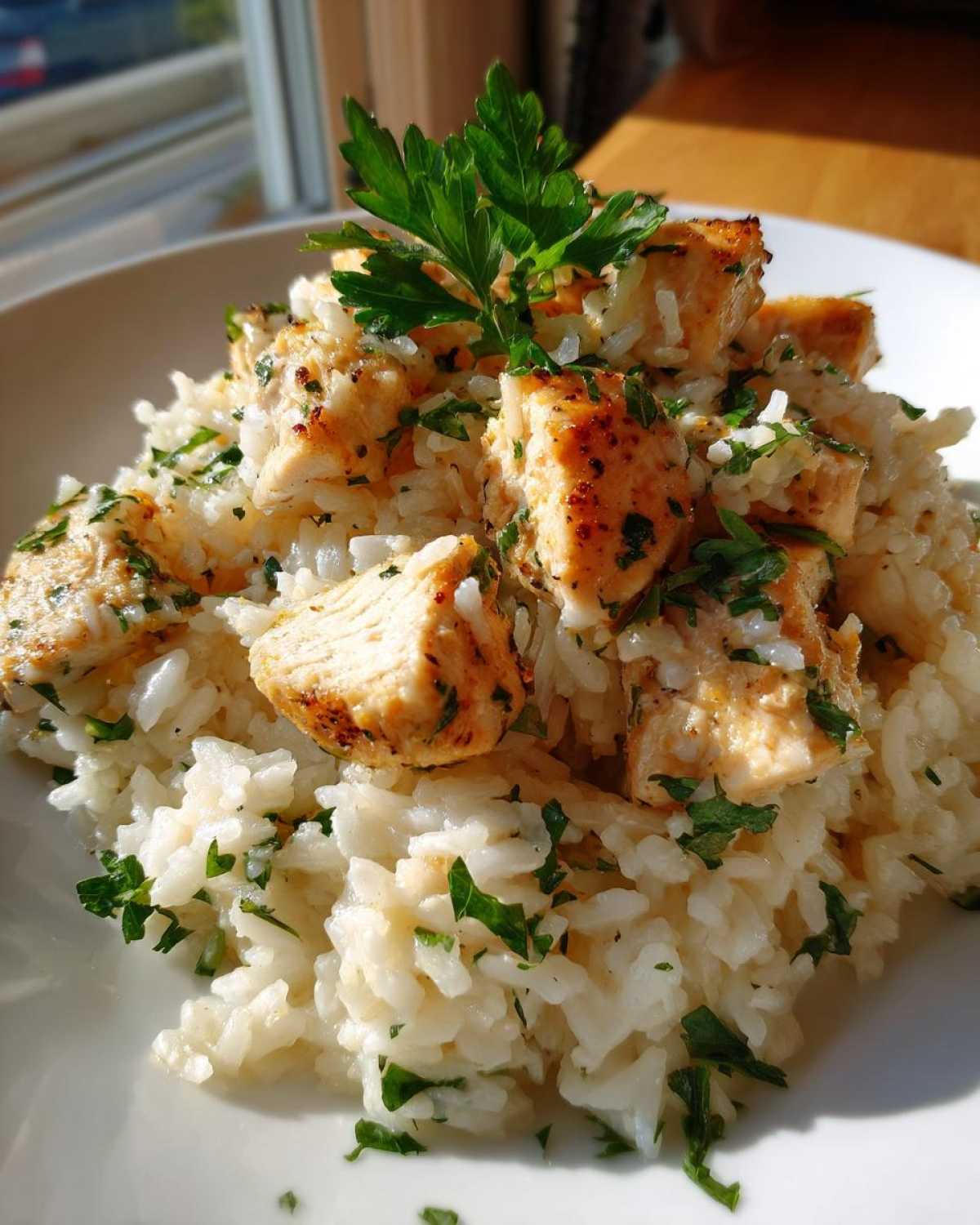 Close-up of Garlic Butter Rice with Chicken Skillet, topped with fresh parsley garnish.