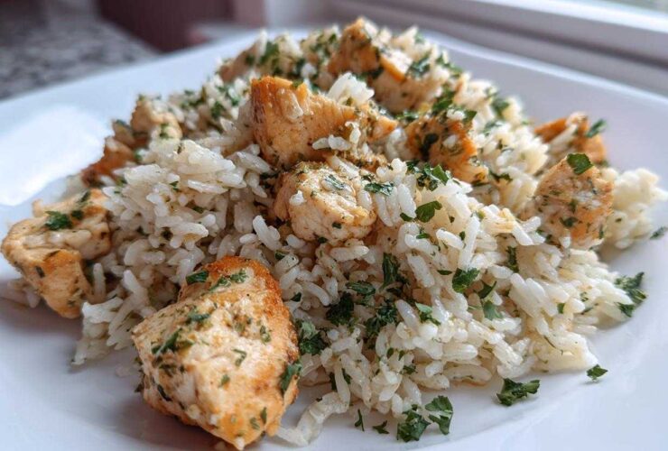 Close-up of Garlic Butter Rice with Chicken Skillet, featuring seasoned white rice mixed with golden chicken pieces and fresh parsley.