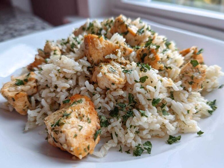 Close-up of Garlic Butter Rice with Chicken Skillet, featuring seasoned white rice mixed with golden chicken pieces and fresh parsley.